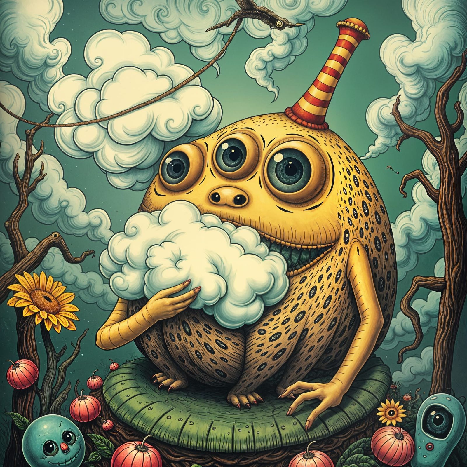 Psychedelic Five-Eyed Monster Drinks a Cloud