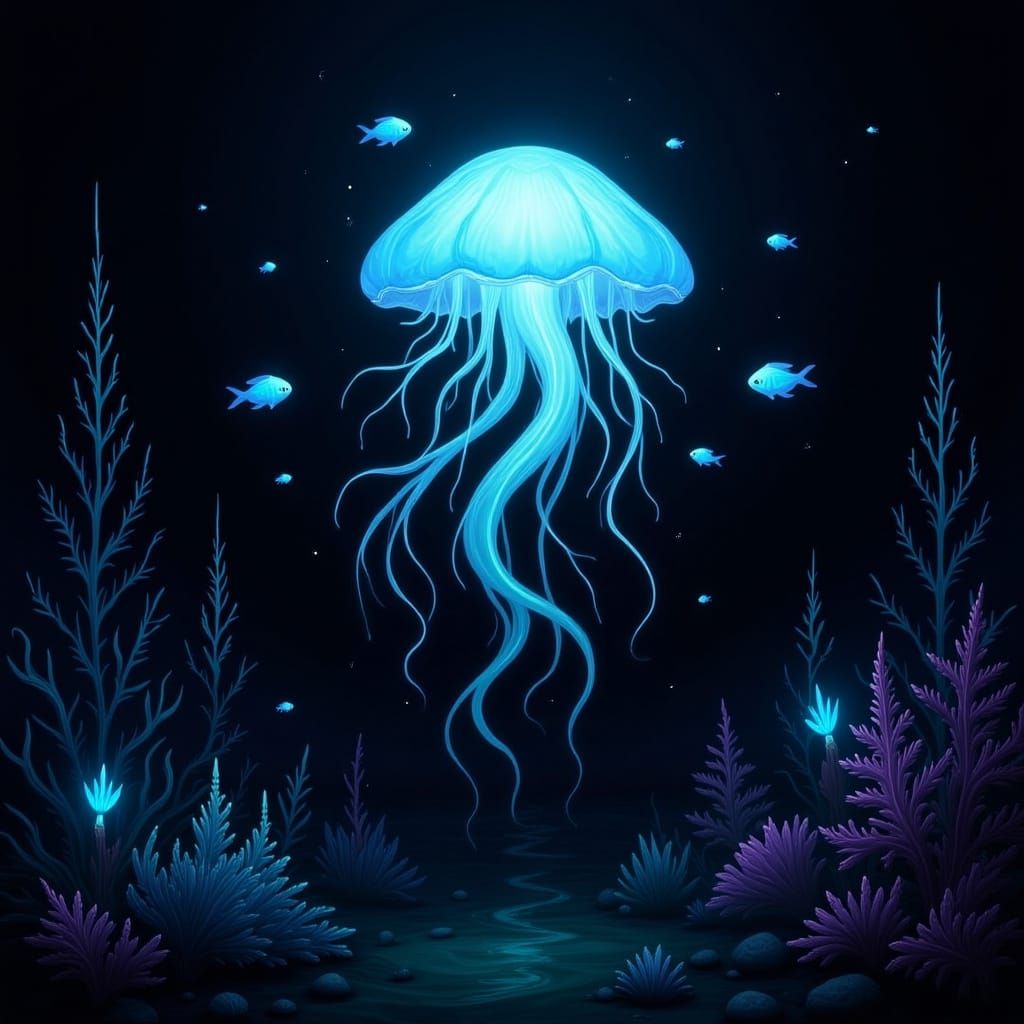 Bioluminescent Jellyfish Dances in Alien Ocean, Art Nouveau ...