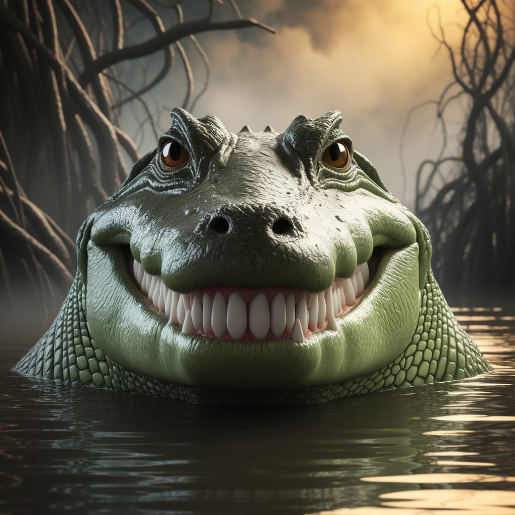 Hyper-Realistic Crocodile Smiles Brightly Under Sunset