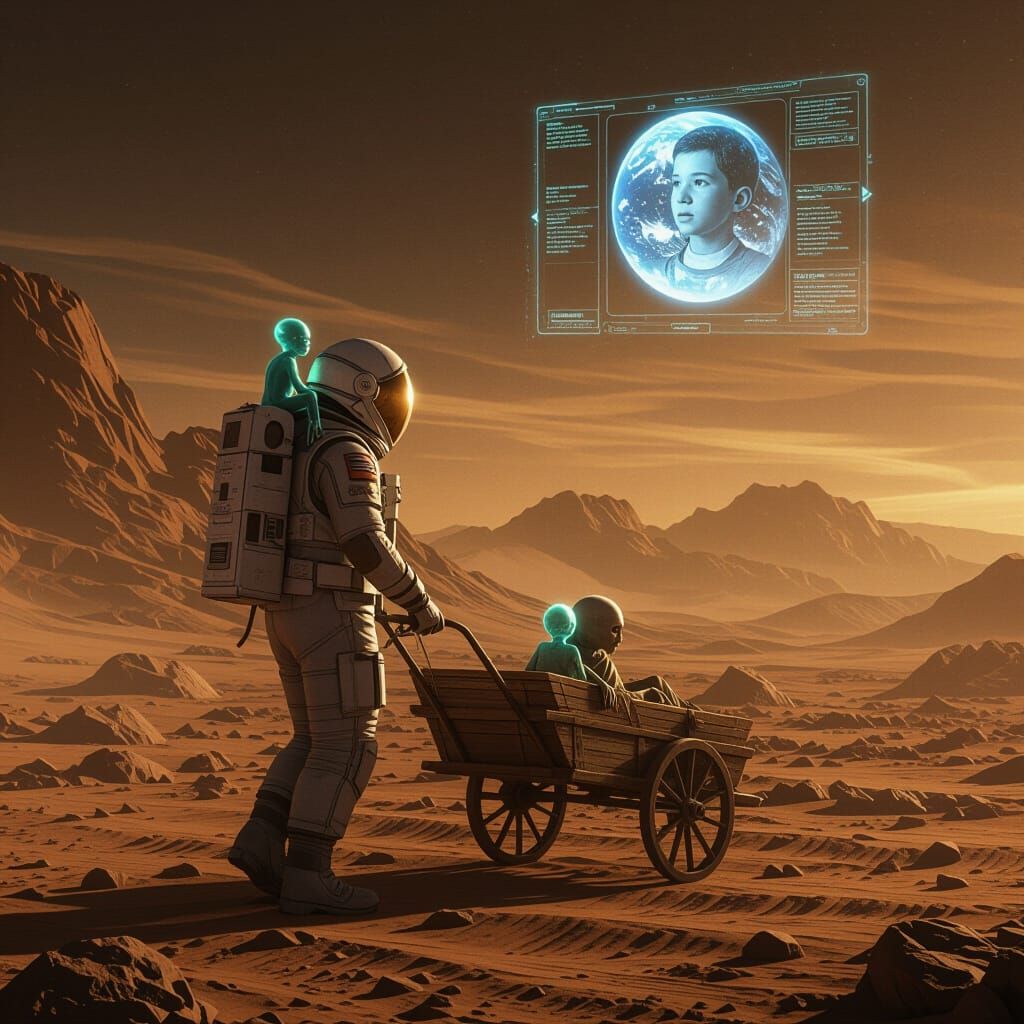Astronaut on Alien Planet with Bioluminescent Child