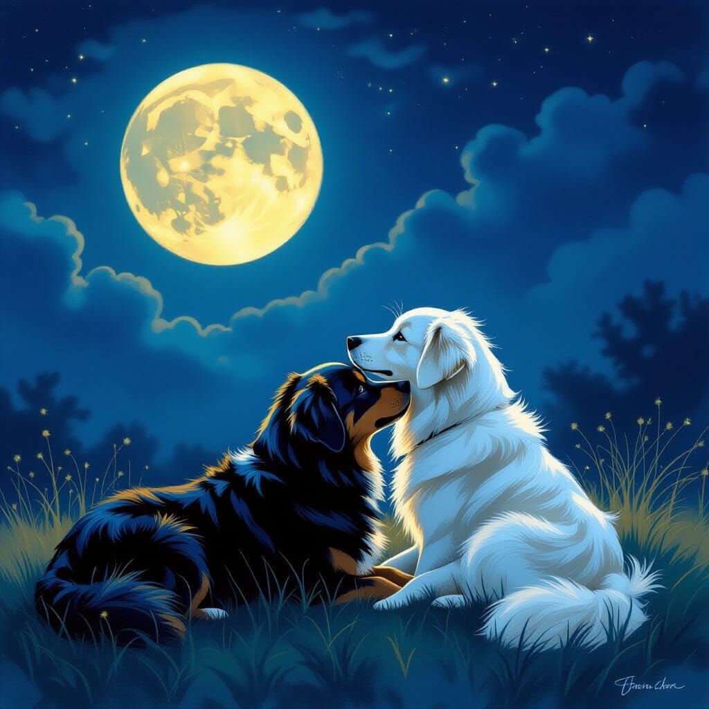 Two Dogs Gaze at Luminous Moon in Romantic Painterly Style