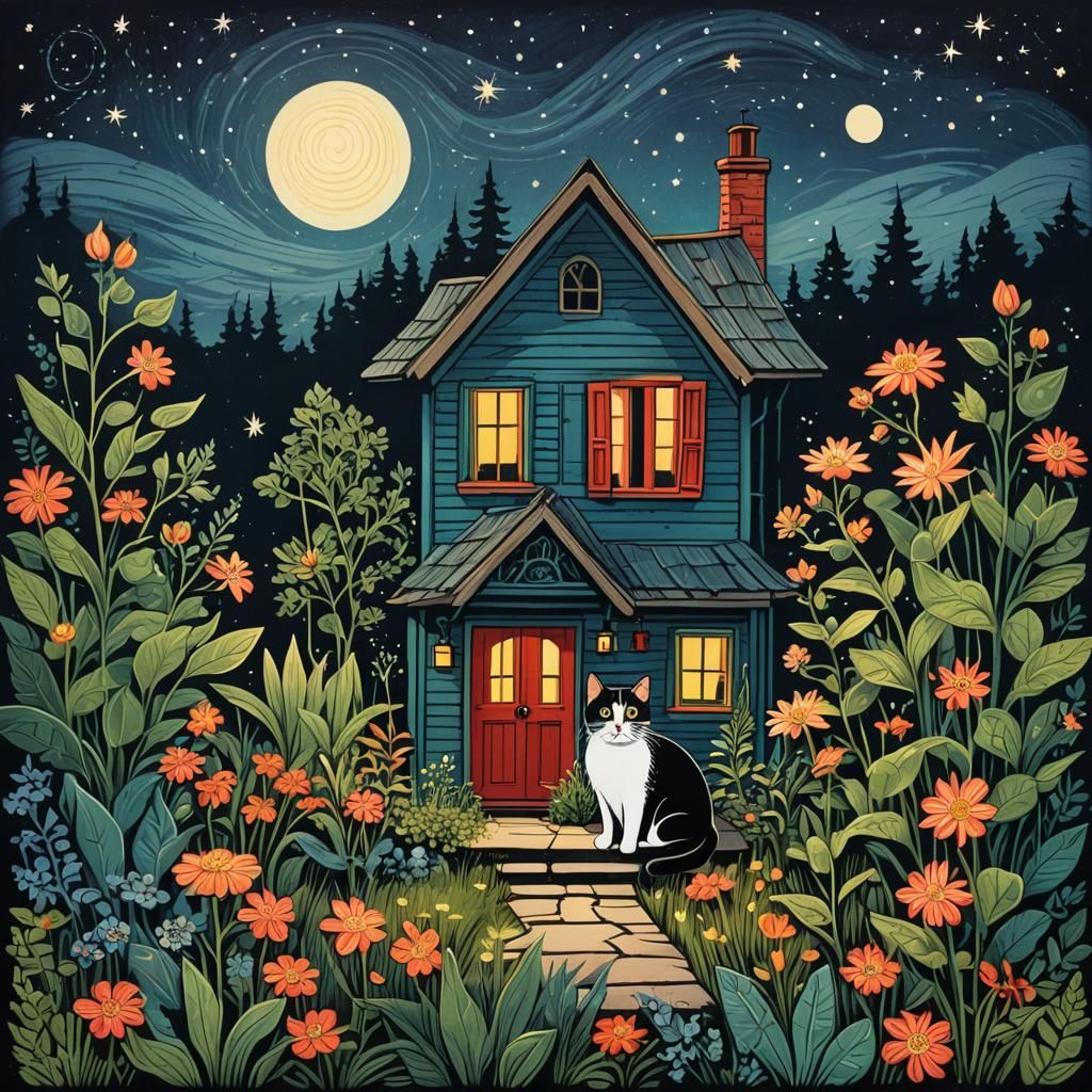 Whimsical Cottage Linocut with Cat and Fireflies