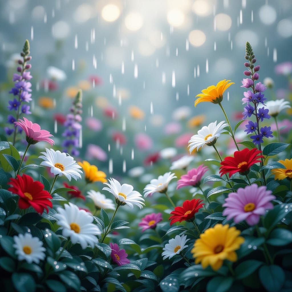 Winter Rain on Diverse Flower Garden
