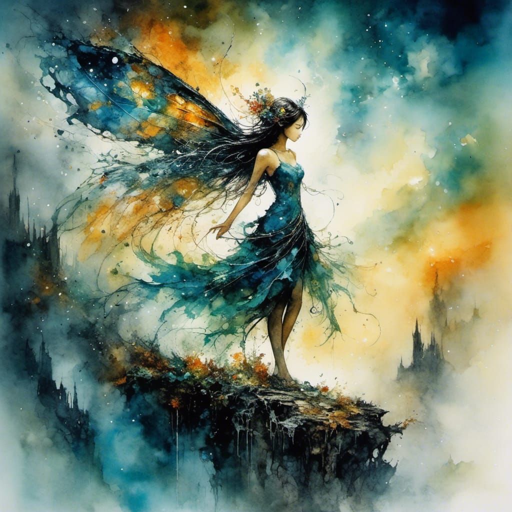 Winged Fairy on Karst Mountain in Asian Android Style