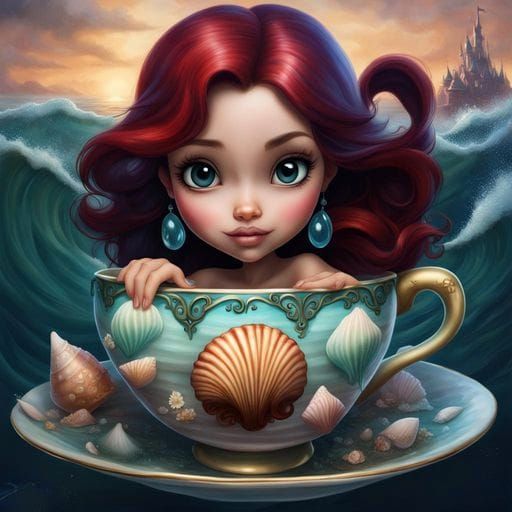 Ariel in Seashell Teacup: Detailed Fantasy Art