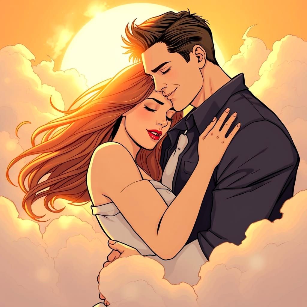 Romantic Comic Book Art of Lovers in a Dreamy Landscape