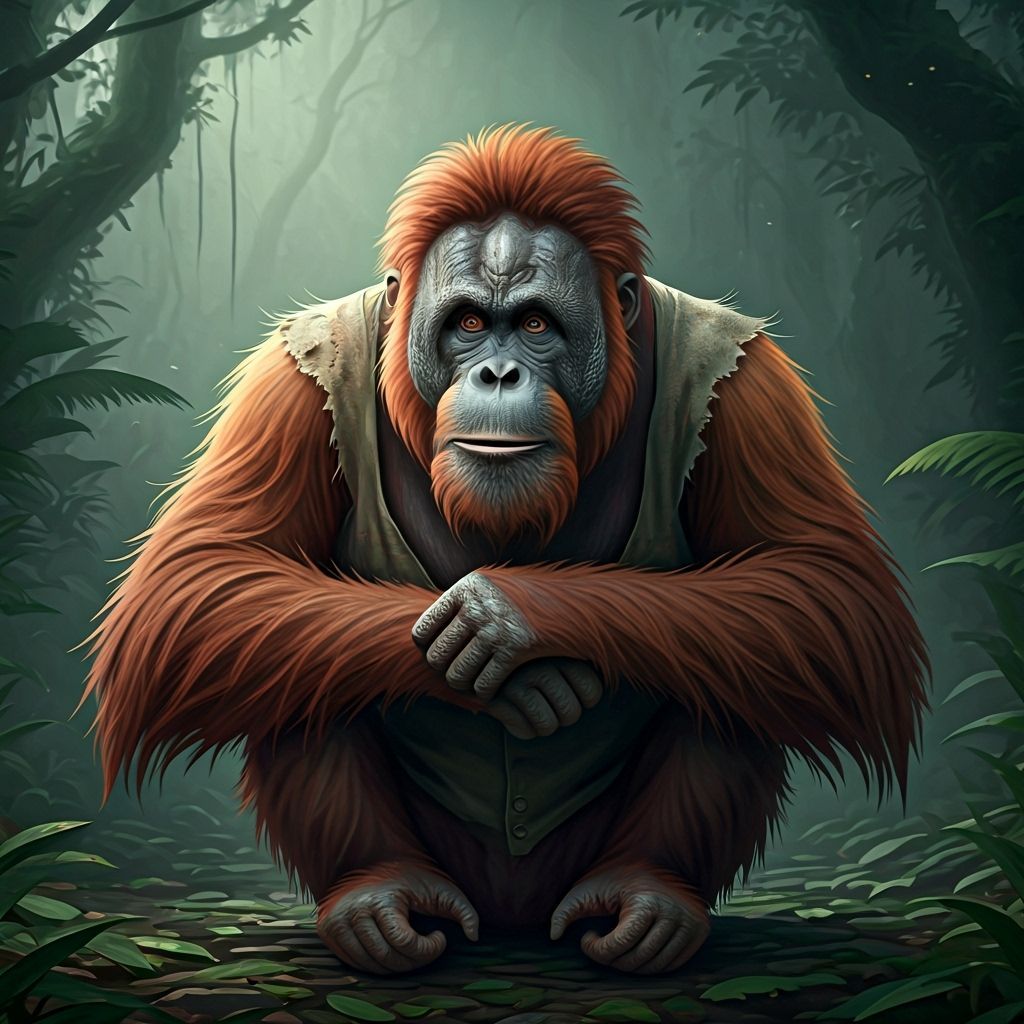 Orangutan in Misty Jungle, Dark Sci-Fi Style