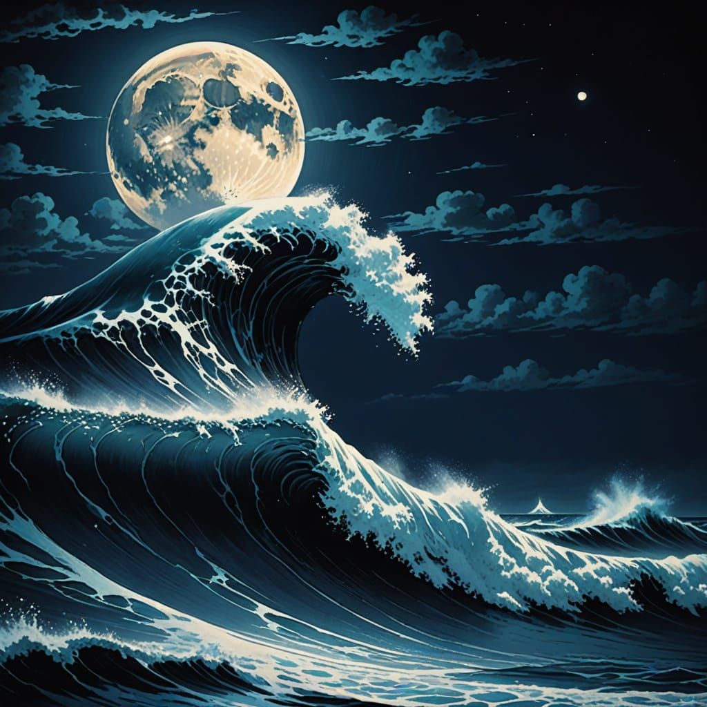 Giant Wave Under Moonlight in Pulp Fantasy Style