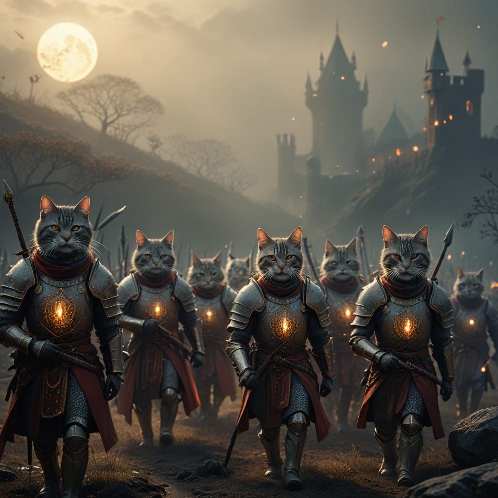 Moonlit Feline Knights March into Battle