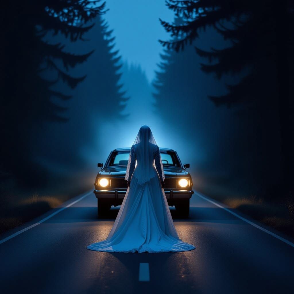 Ghostly Bride Appears in Car Headlights on Foggy Road