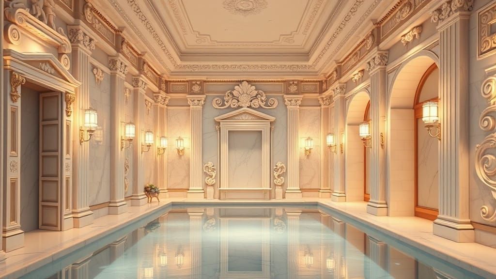 Luxurious Bath House with Marble Accents and Gold Lighting