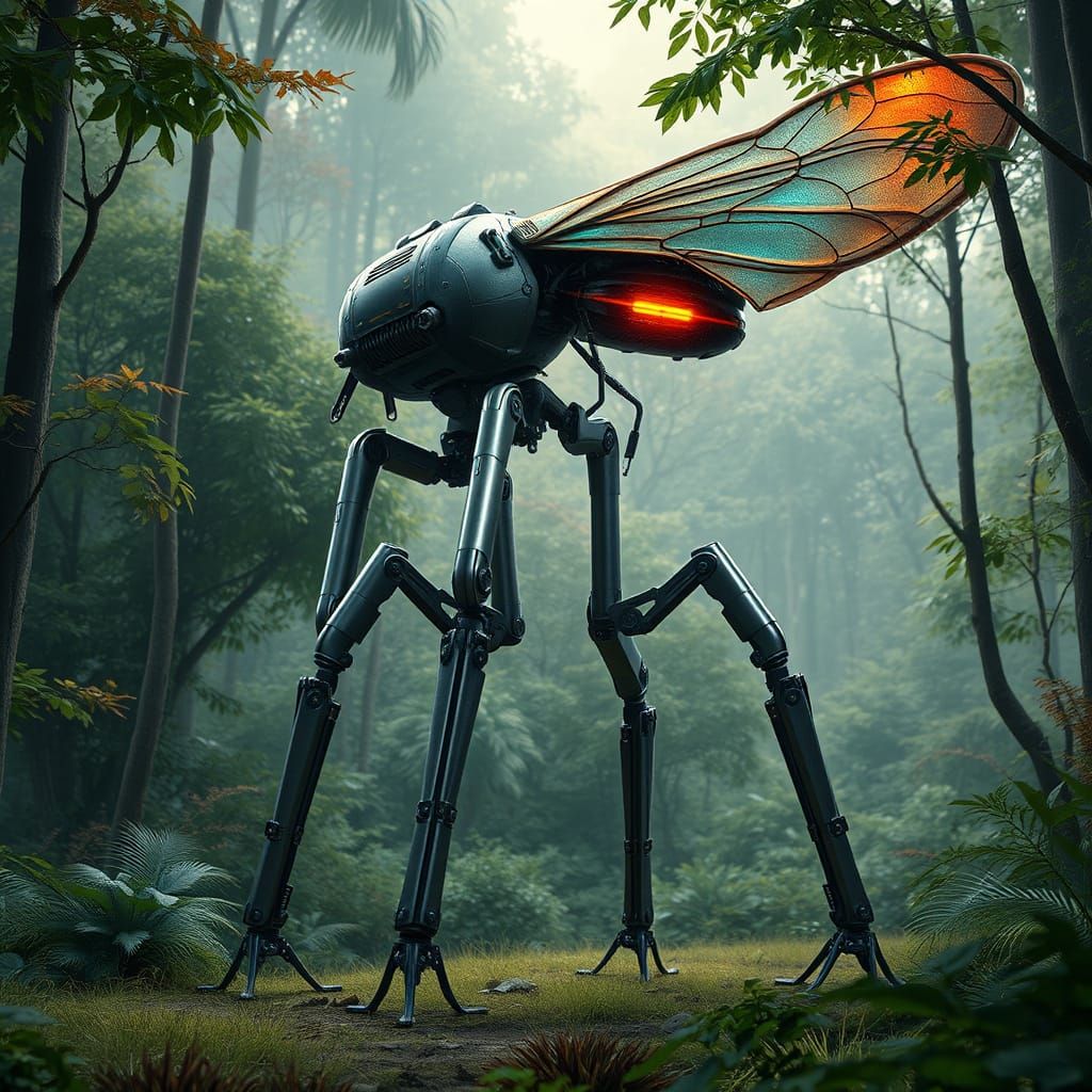 Futuristic Walker Tripod Confronts Giant Cicada