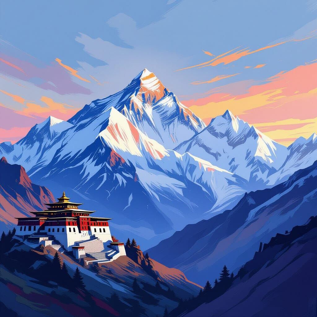 Mount Everest in Vivid Impasto Style