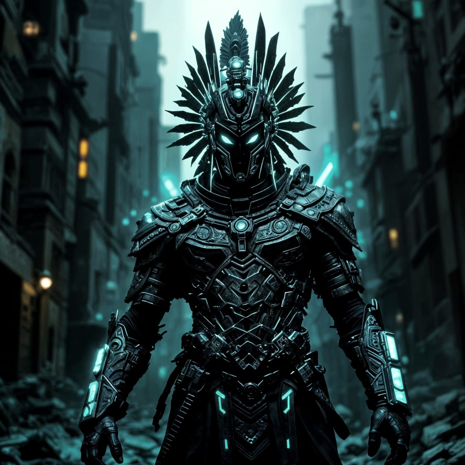Cyberpunk Aztec Warrior in Chiaroscuro Style