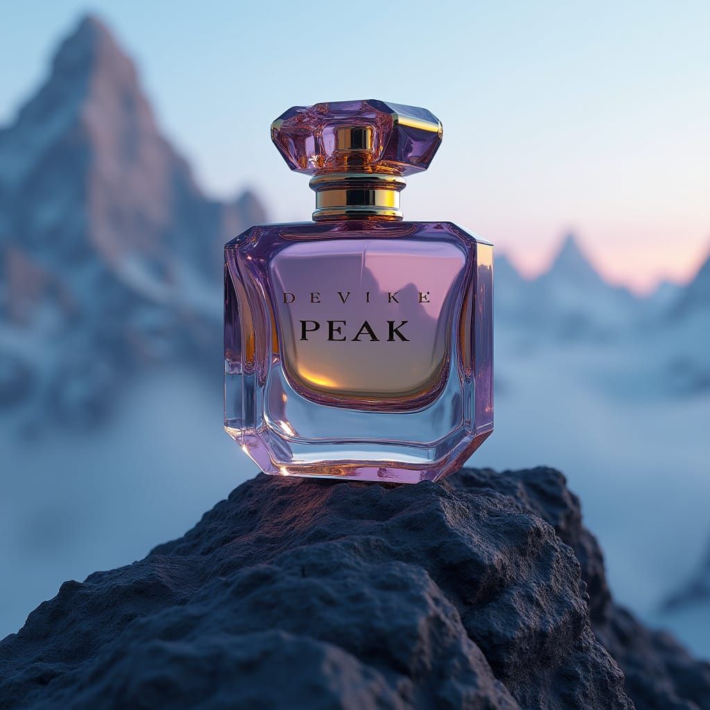 Luxurious Perfume Bottle on Misty Mountain Peak
