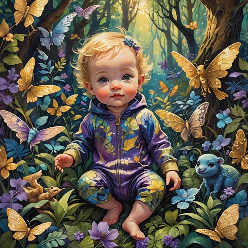 Cute Baby in Forest of Fantasy Art