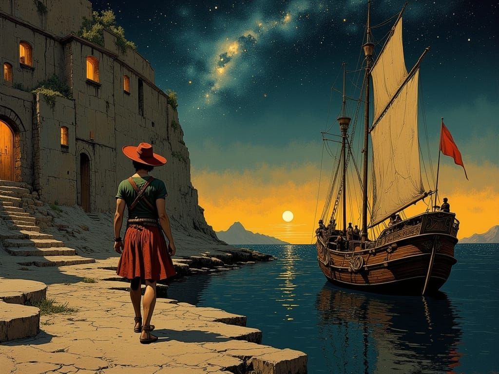 Ancient Greek Sailor Sets Sail Under Starry Night Sky