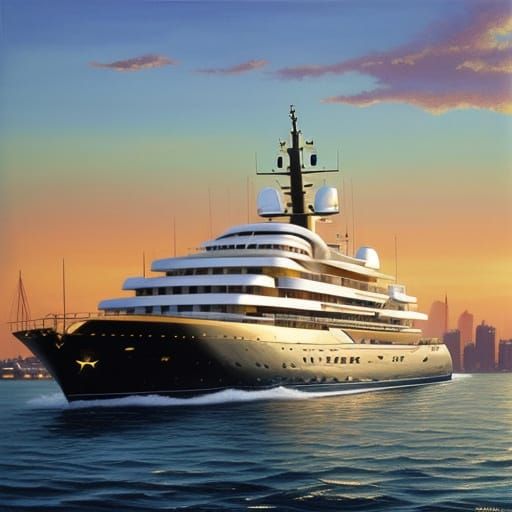 Golden Yacht Departs Golden City: Opulent Oil Painting