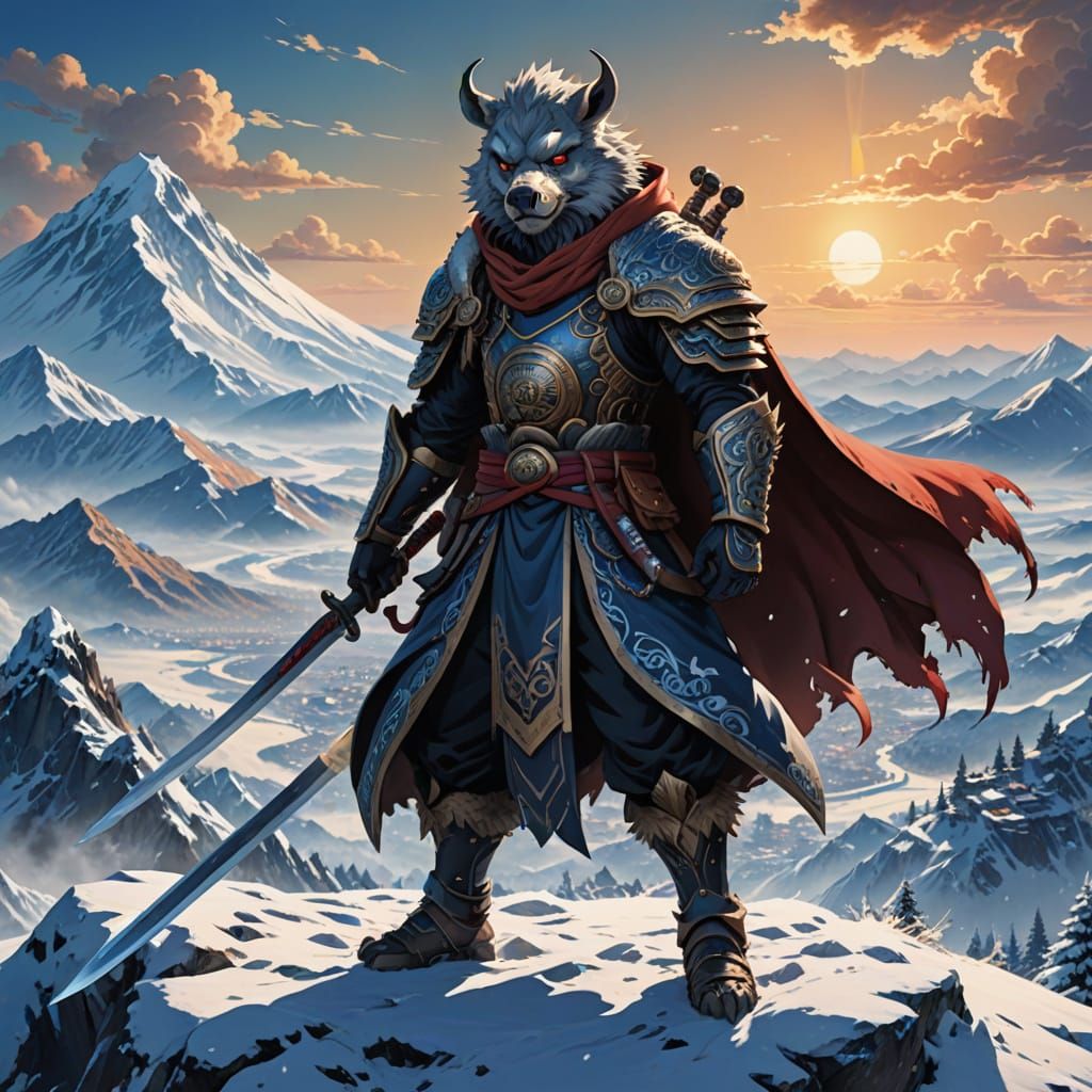 Inosuke Hashibira Stands Defiantly on a Snowy Mountaintop in...