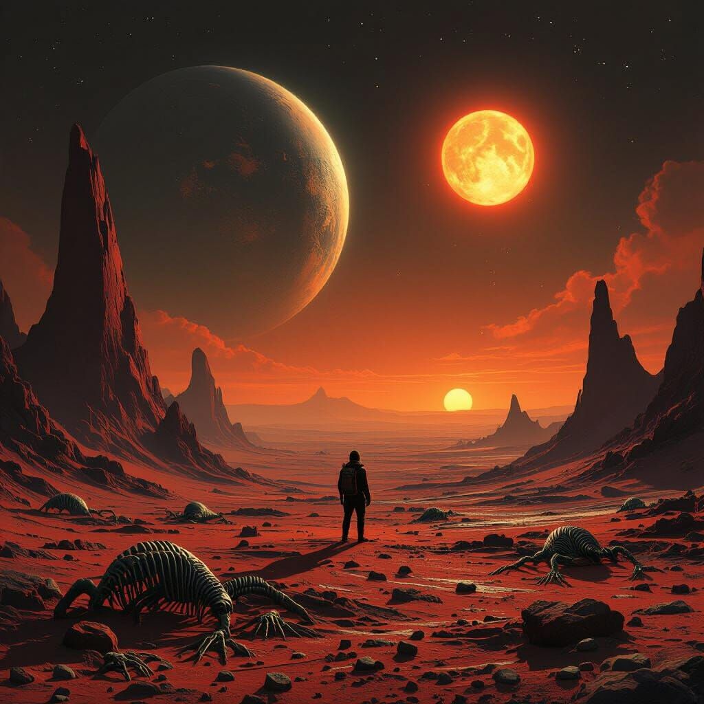 Explorer on Binary Planet with Twin Suns in Surrealist Style