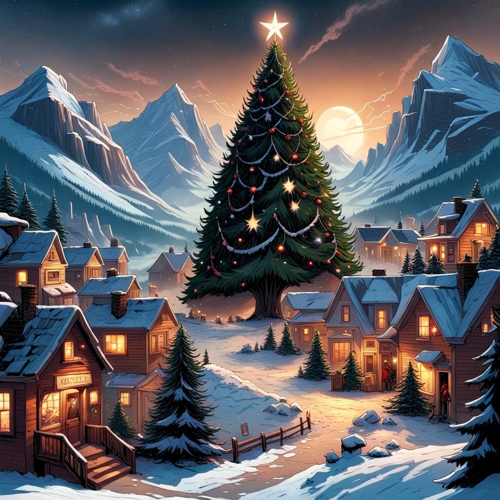 Cozy Christmas Town with Fallen Star, Comic Book Art