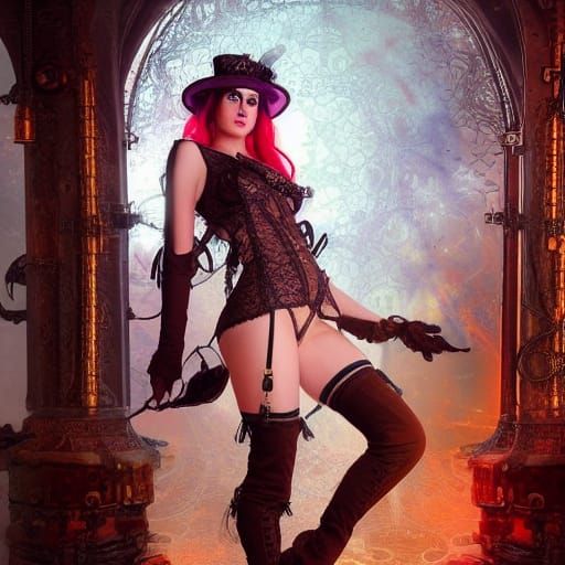 Steampunk Woman in Lingerie on Chaise Lounge