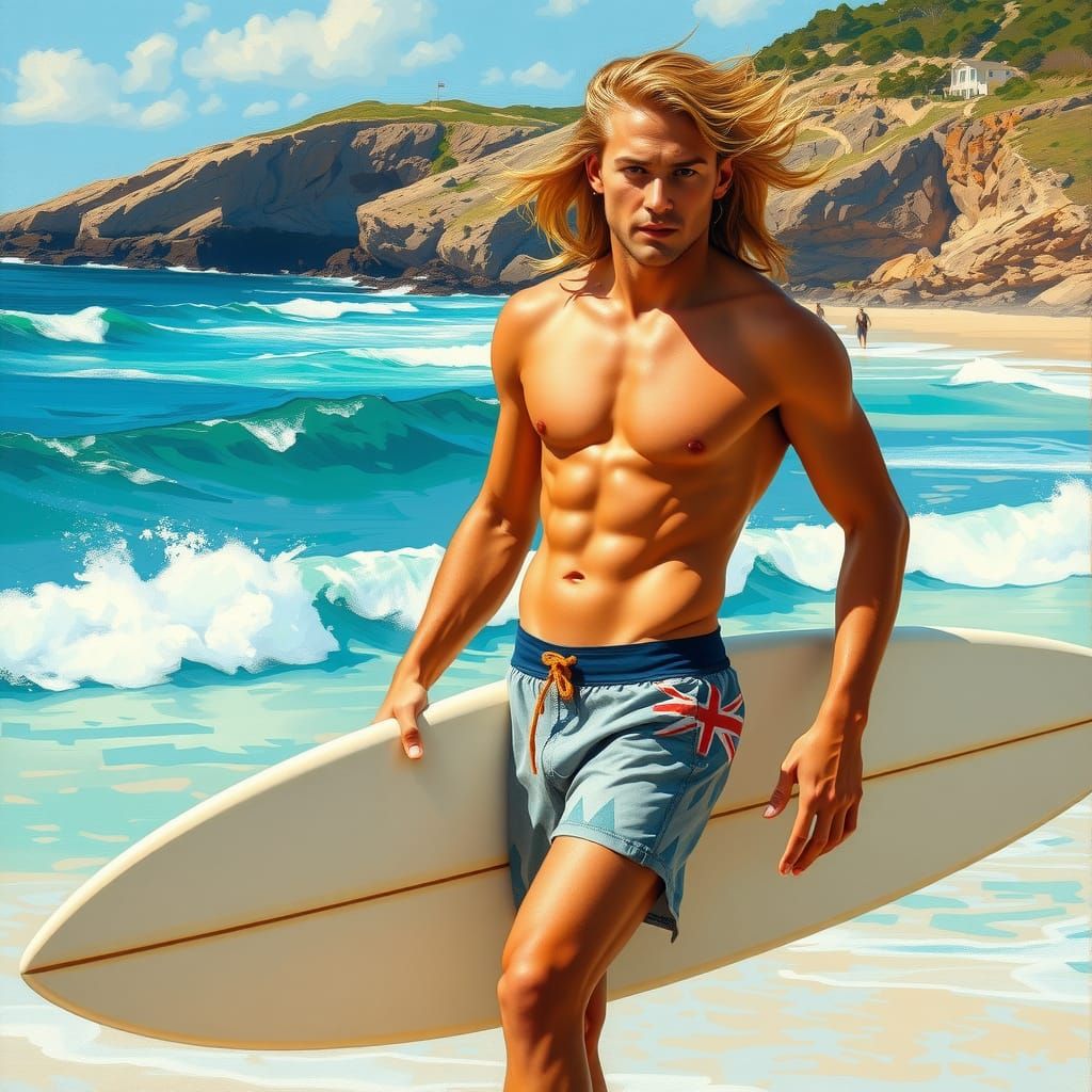 Australian Surfer on Bondi Beach in Impressionist Style