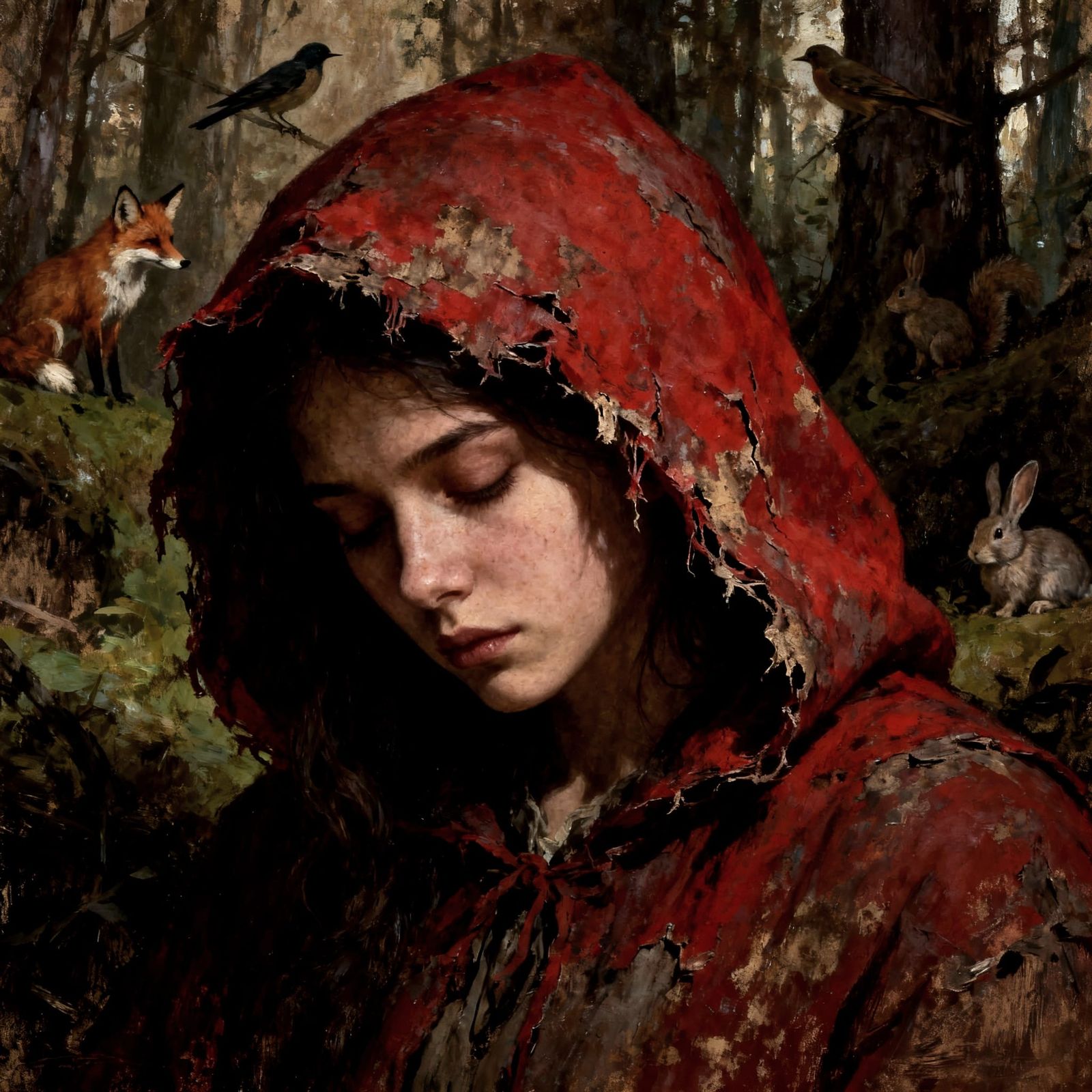 Haunting Portrait of Red Riding Hood in Moody Oil Painting S...