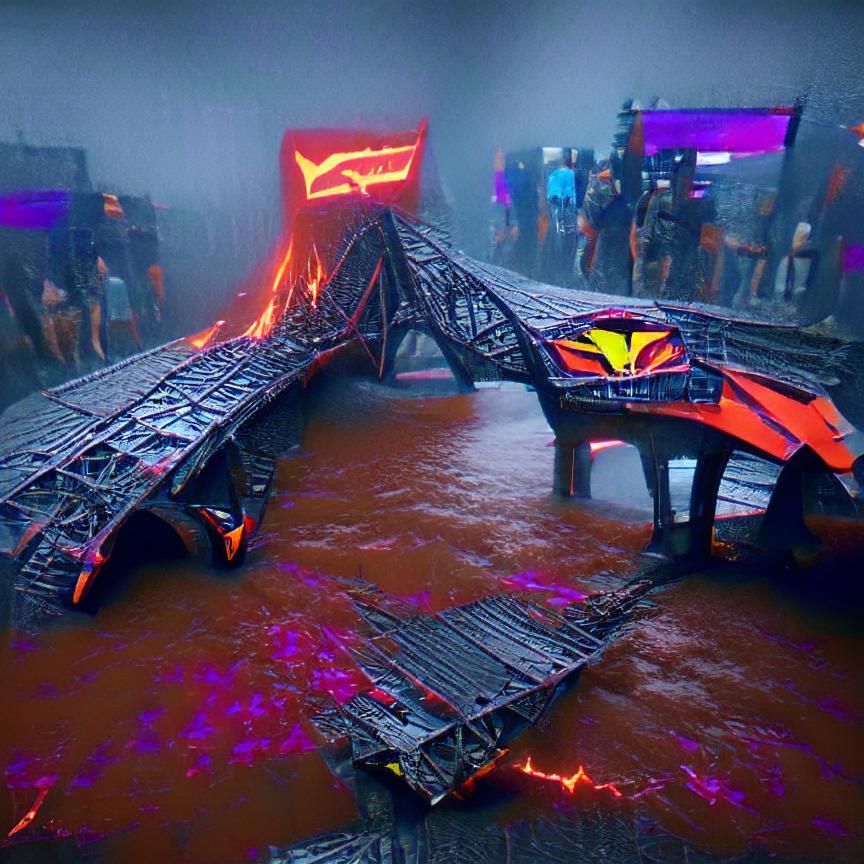 Cyberpunk Lava River Bridge in Neon Style