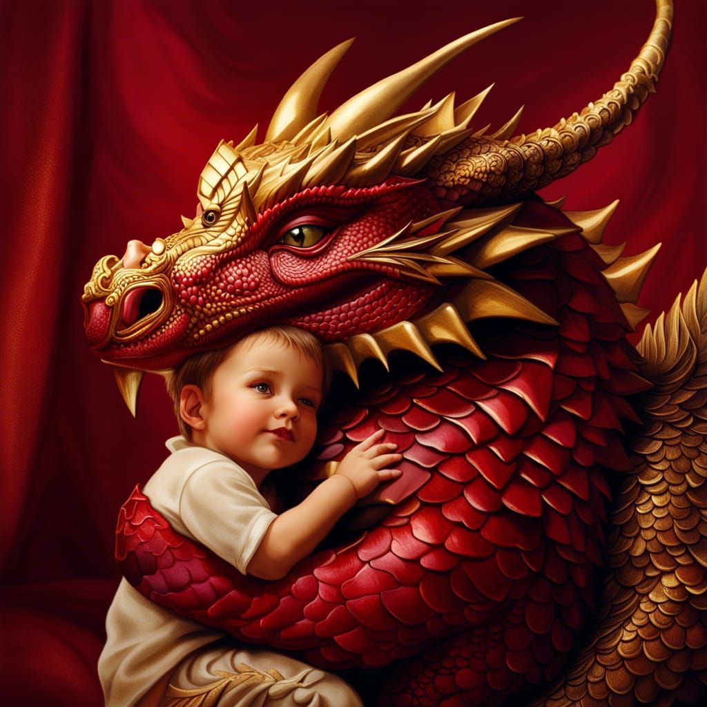 Protective Dragon Hugging Toddler: Fantasy Concept Art