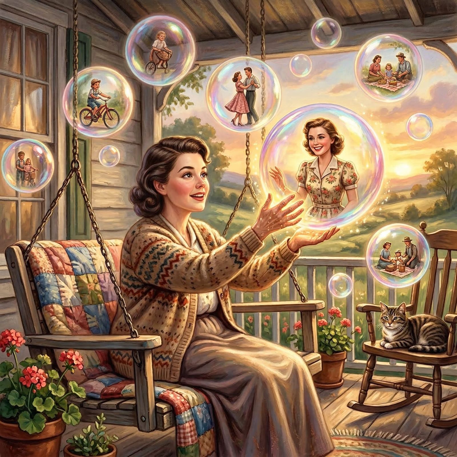 Elderly Woman Catches Memory Bubbles in Folk Art Style