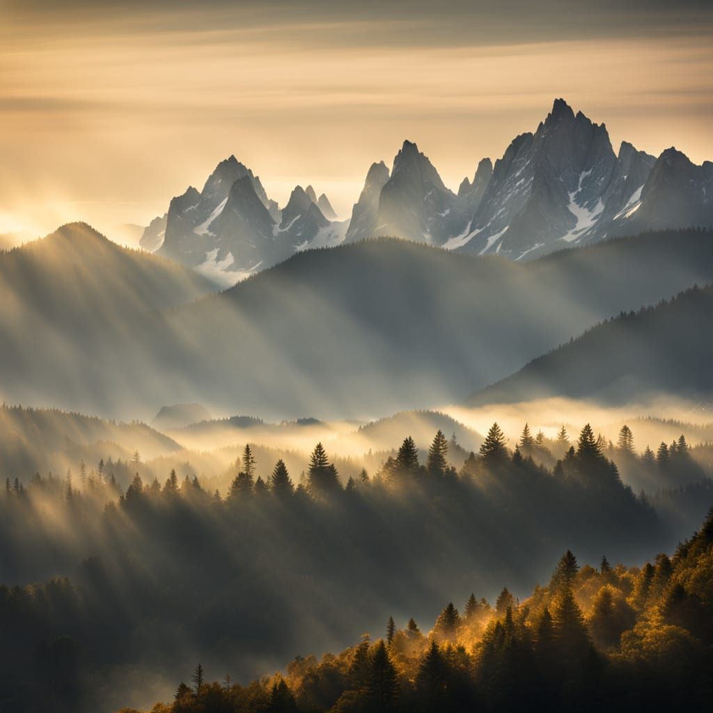 Misty Mountain Peaks at Golden Hour Landscape