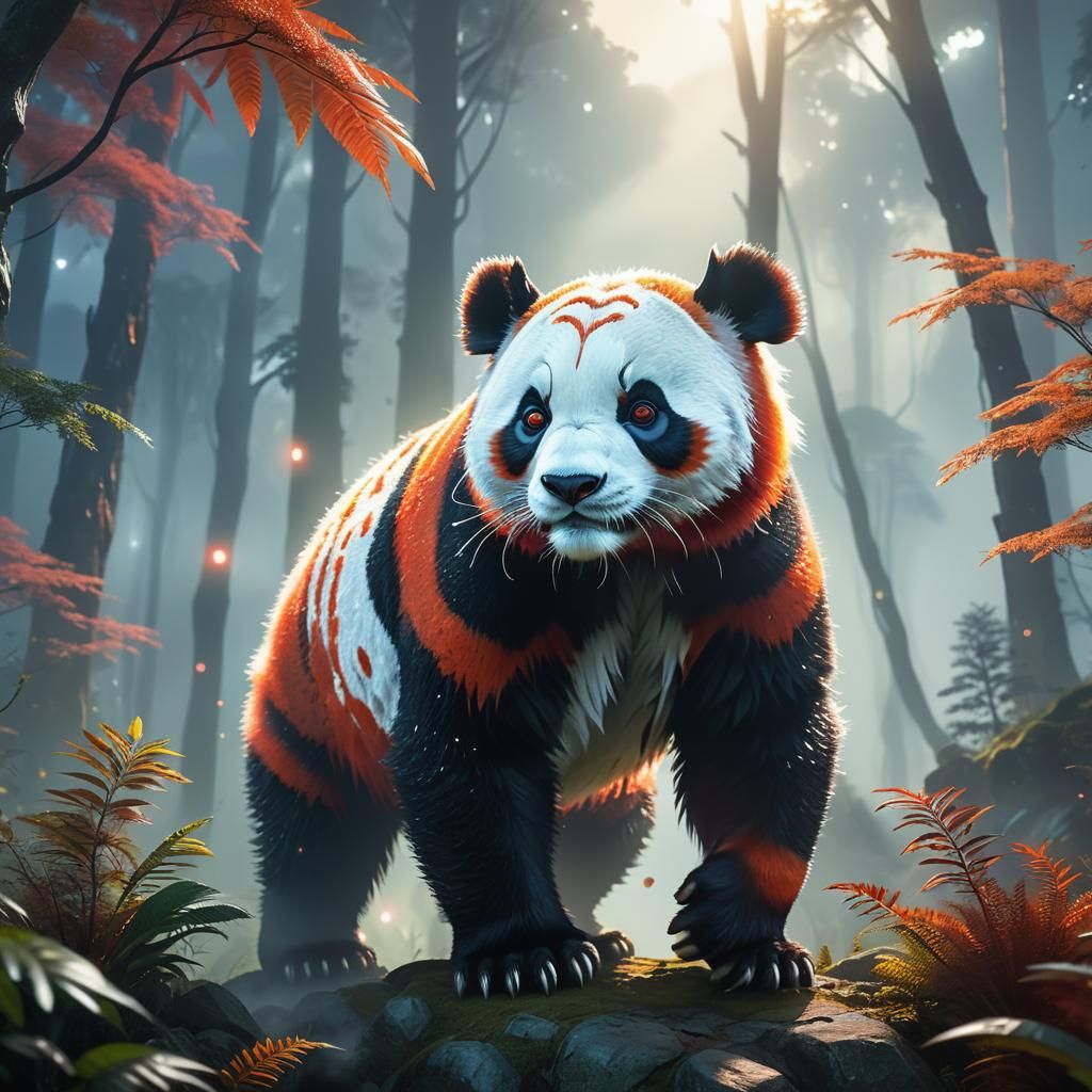 Giant Panda Alien Creature in Bioluminescent Forest
