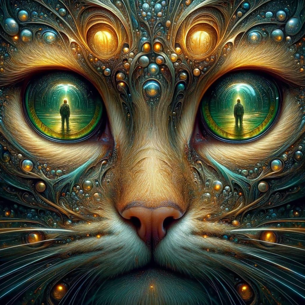Ethereal Cat Portrait with Human Reflection