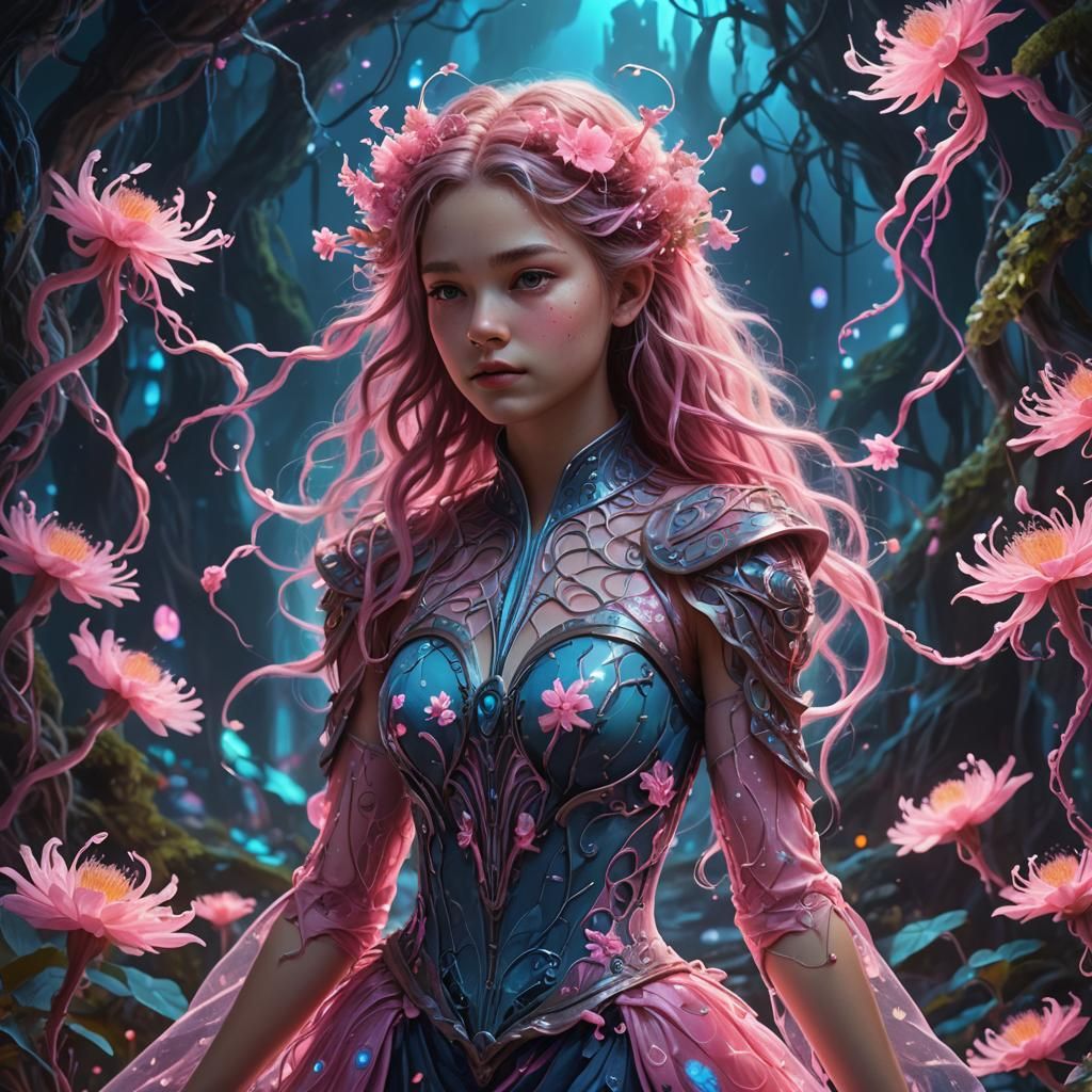 Bioluminescent Girl in Pink Fantasy Landscape