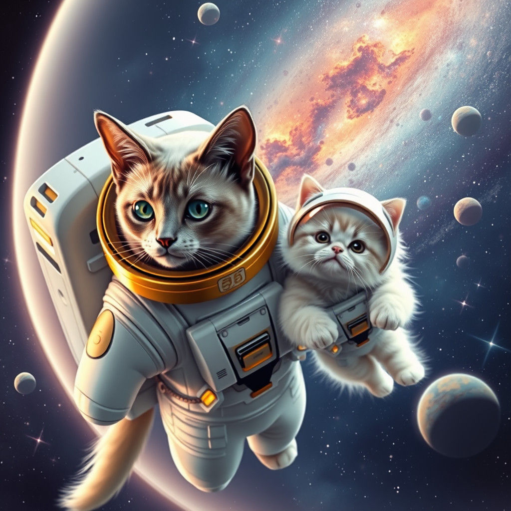 Cats in Space Suits Floating in Galaxy
