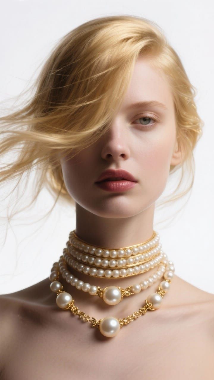 Elegant Woman with Pearl Choker in Editorial Style