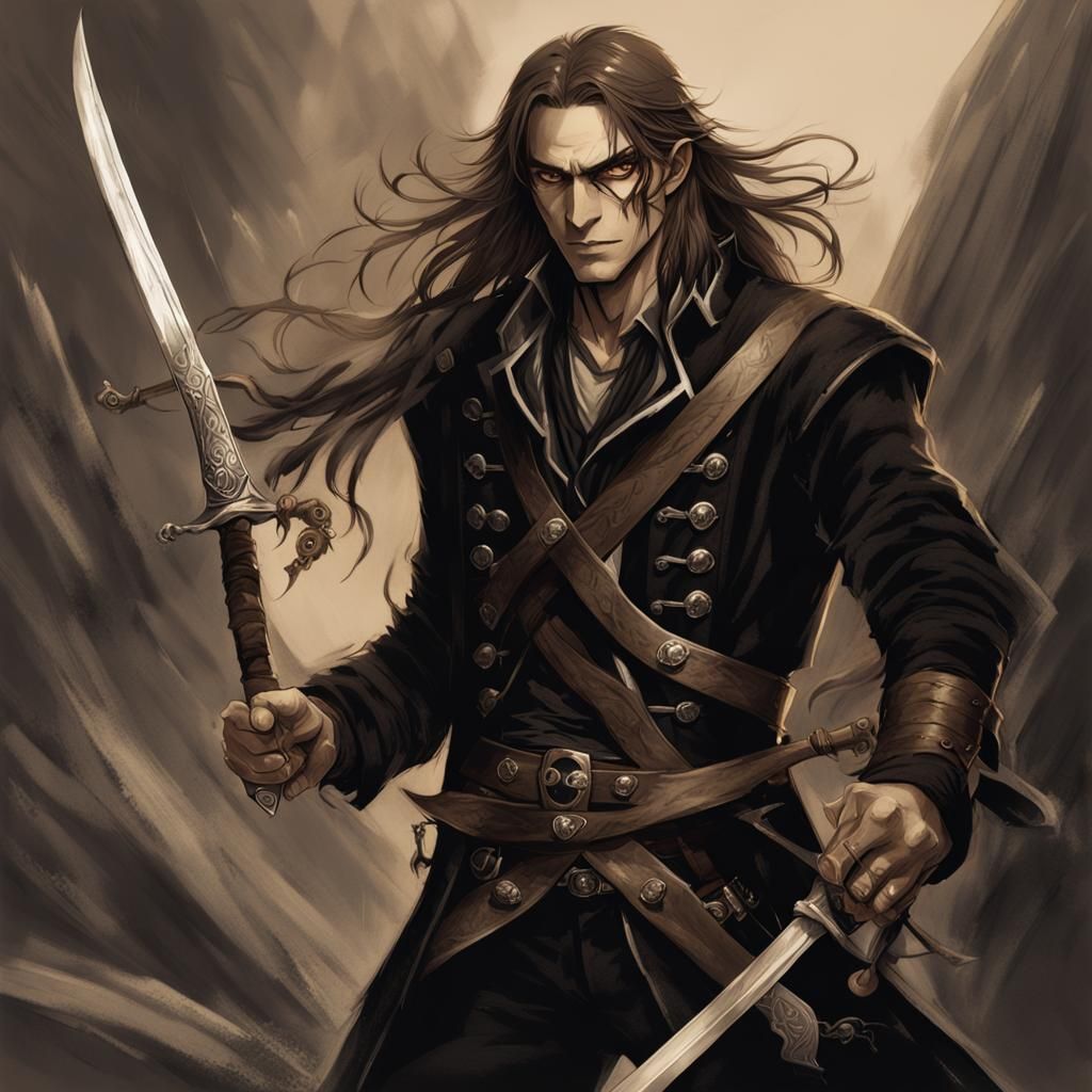 Half-Elf Pirate Ready to Attack, Pencil Art