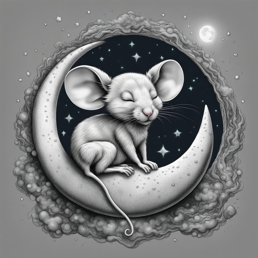 Mouse on Cheese Moon: Astral Cosmic Illustration