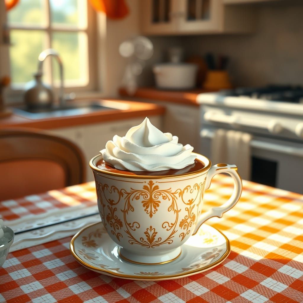 Cozy Morning Hot Chocolate Scene in Hyperrealistic Style