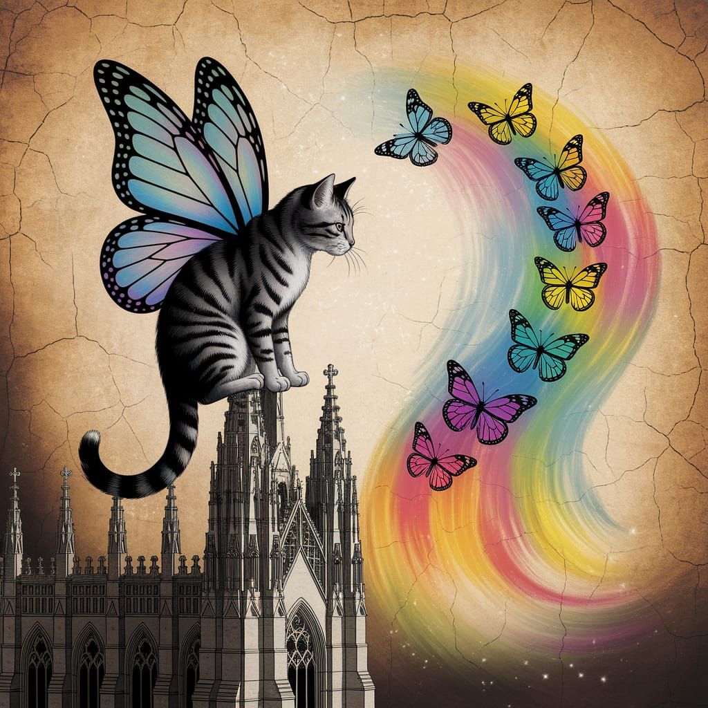 Tabby Cat with Butterfly Wings on Cathedral, Golden Age Illu...