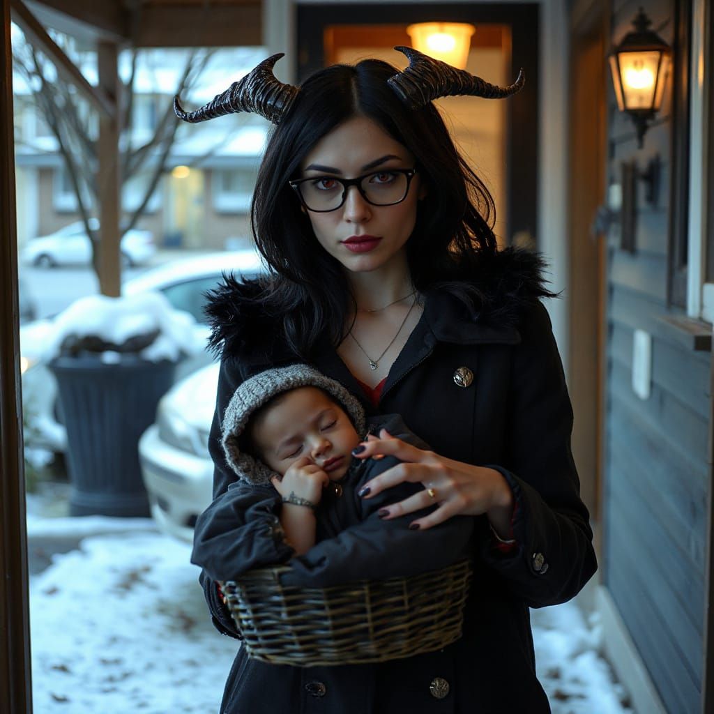 Surreal Portrait of a Demonic Mother Seeking Refuge