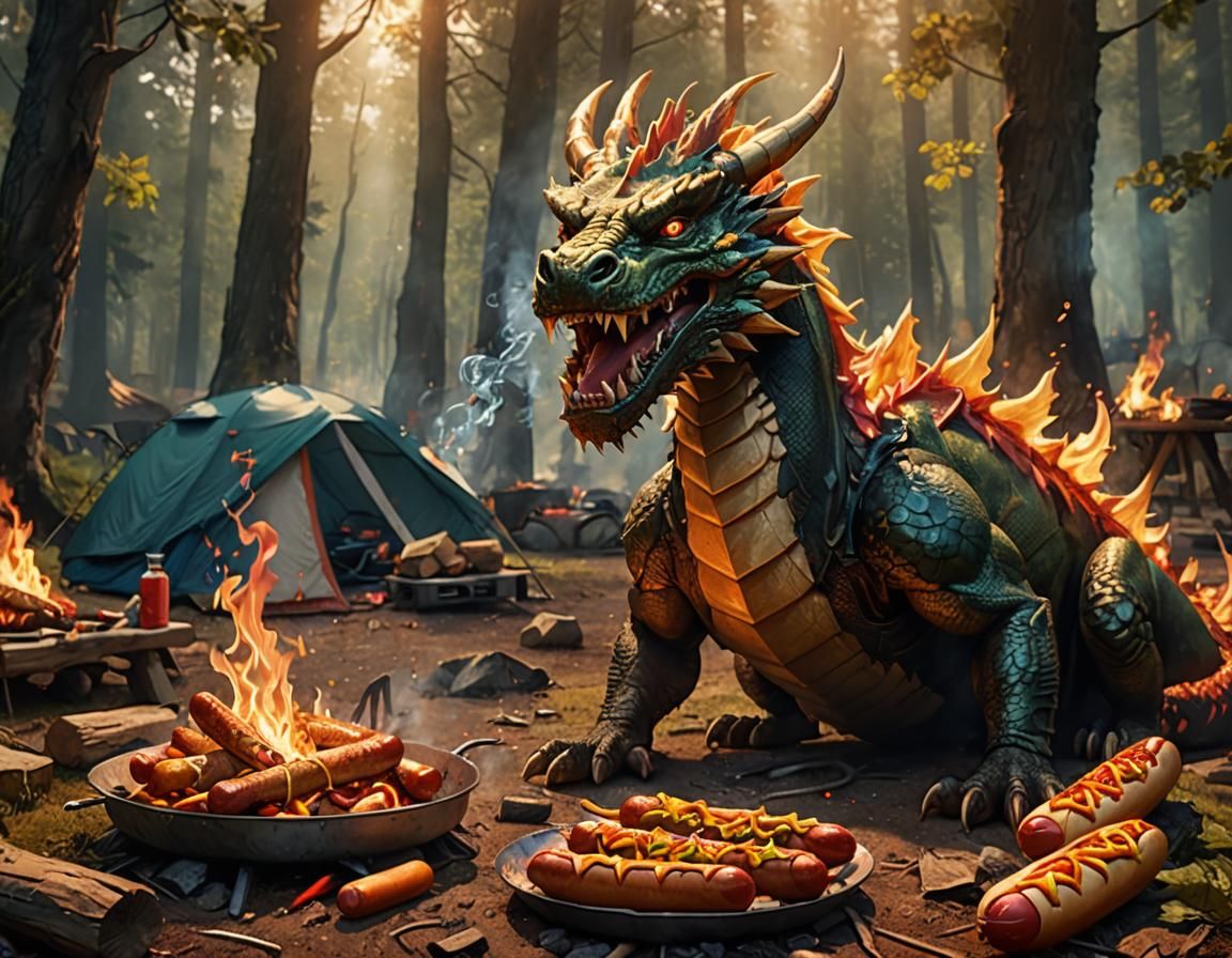 Dragon Cooks Hotdogs: Hyperrealistic Concept Art