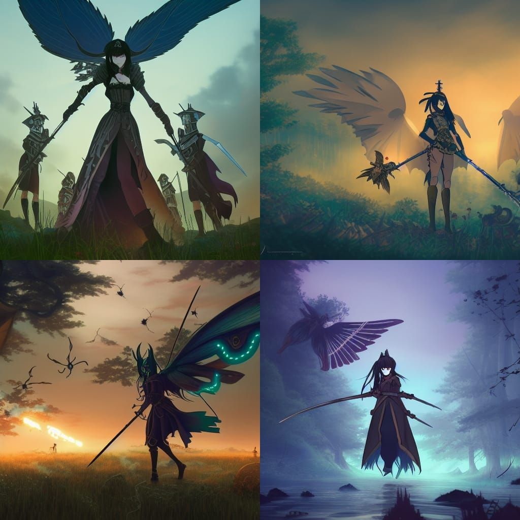 Steampunk Goth Warriors with Neon Wings: Anime Visual
