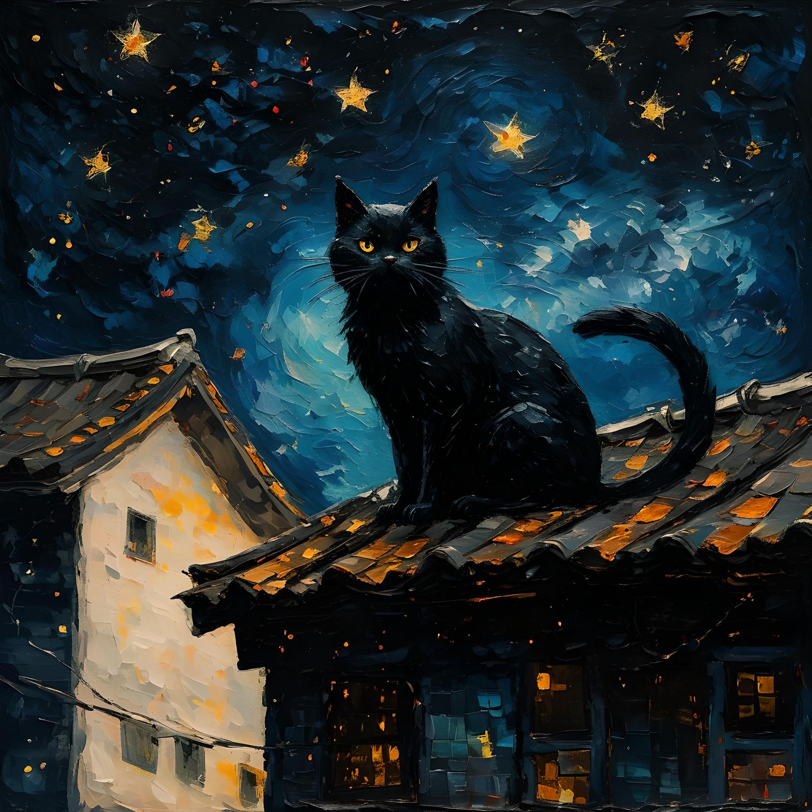 Black Cat on Japanese Roof in Impressionistic Oil Painting