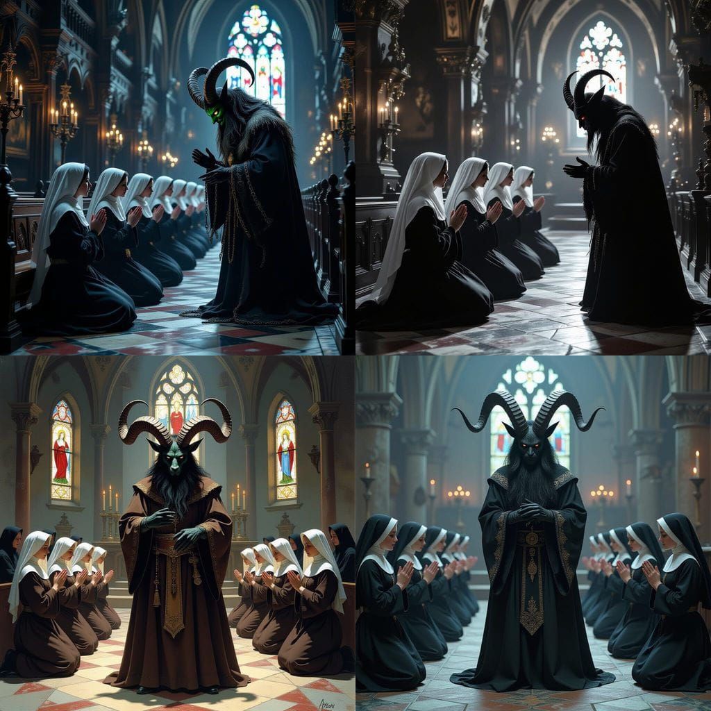 Krampus Appears Before Praying Nuns in Church Illustration