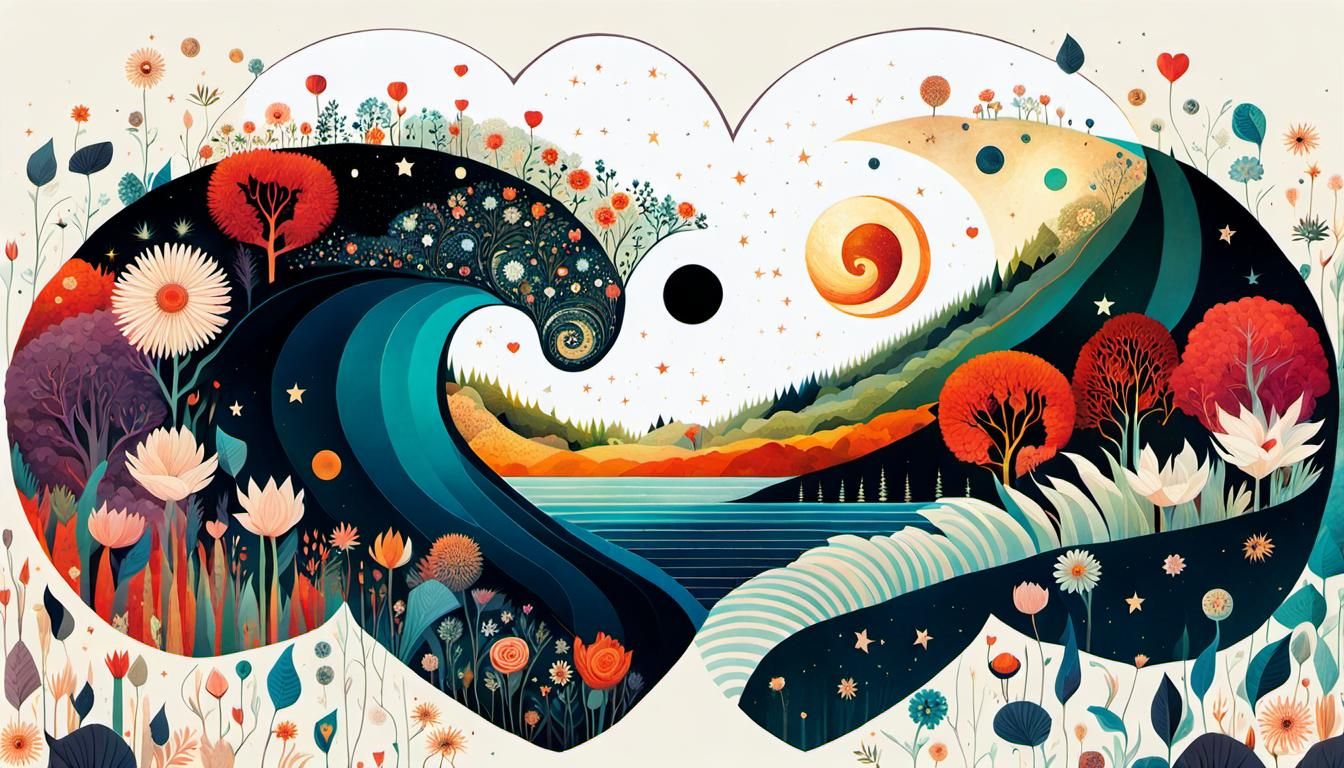 Heart-Shaped Yin Yang Dreamscape: Surreal Collage Art