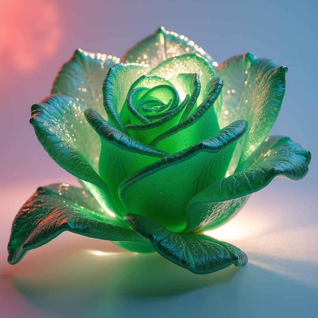 Emerald Glass Rose with Water Droplets