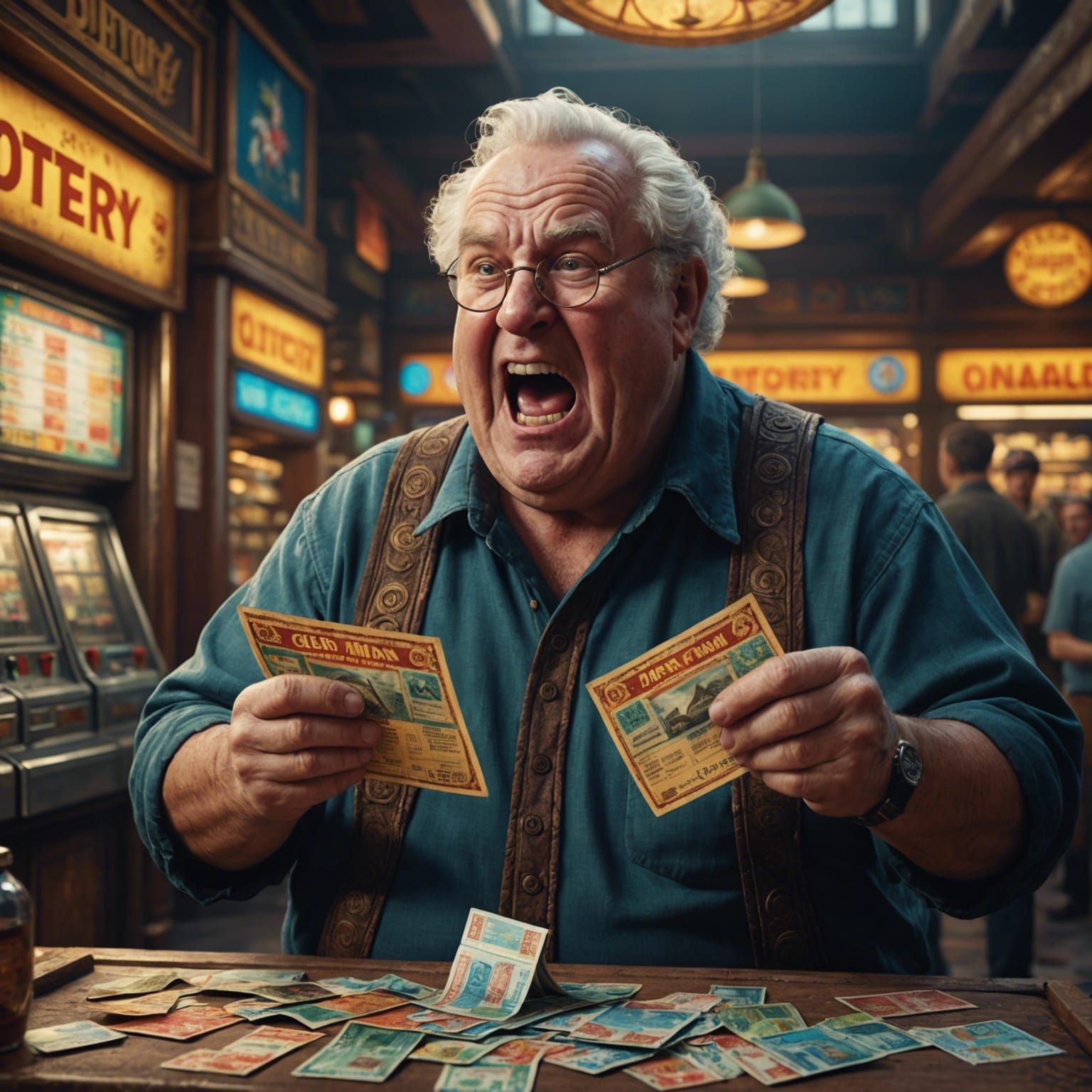Old chubby man yelling at lottery ticket
