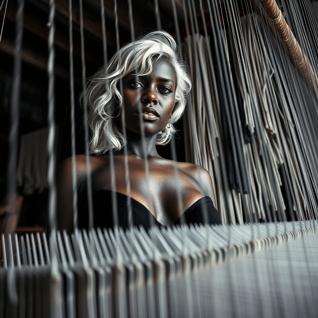 Photorealistic Pin-Up Behind Loom in Black and White